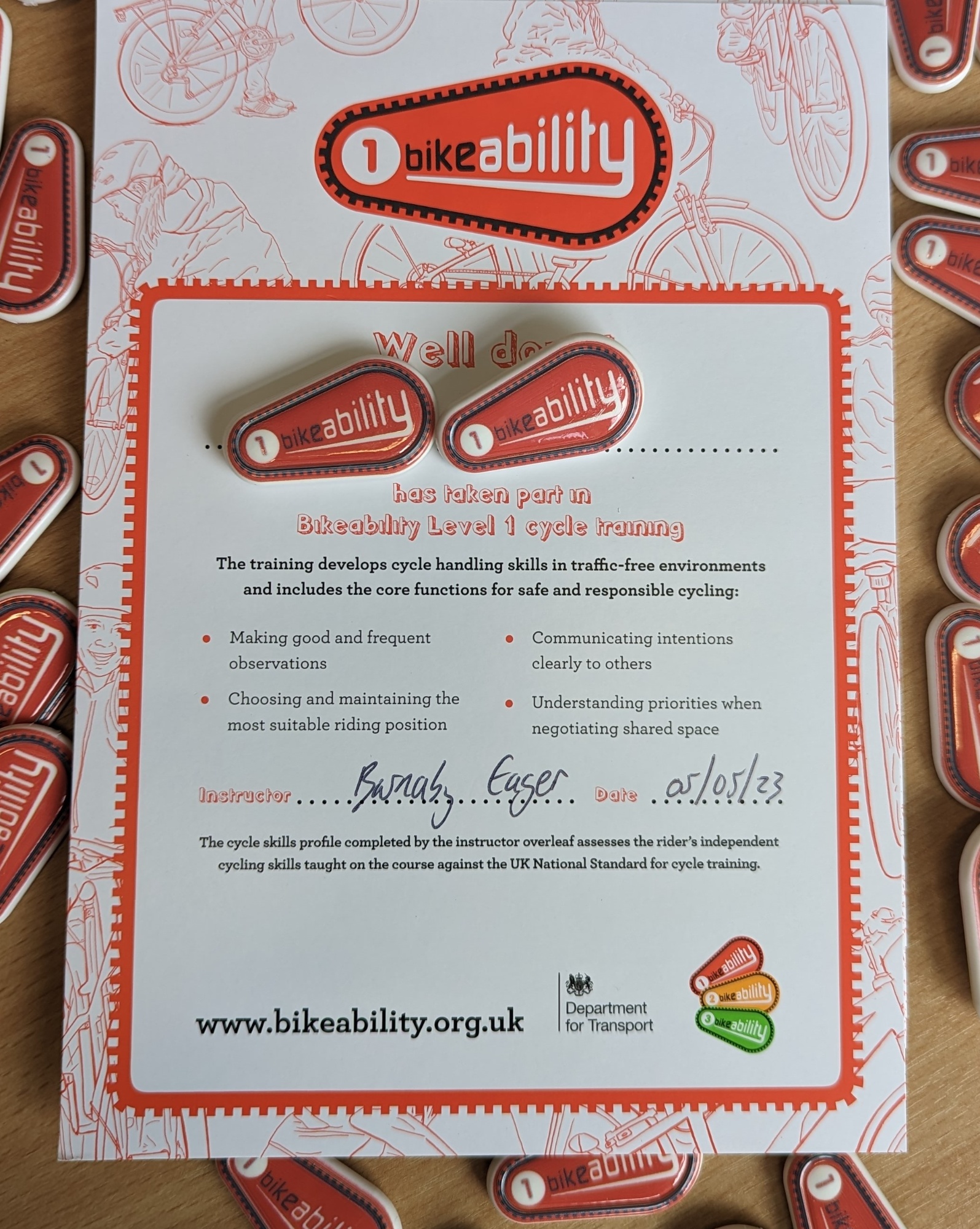 Bikeability training certificate